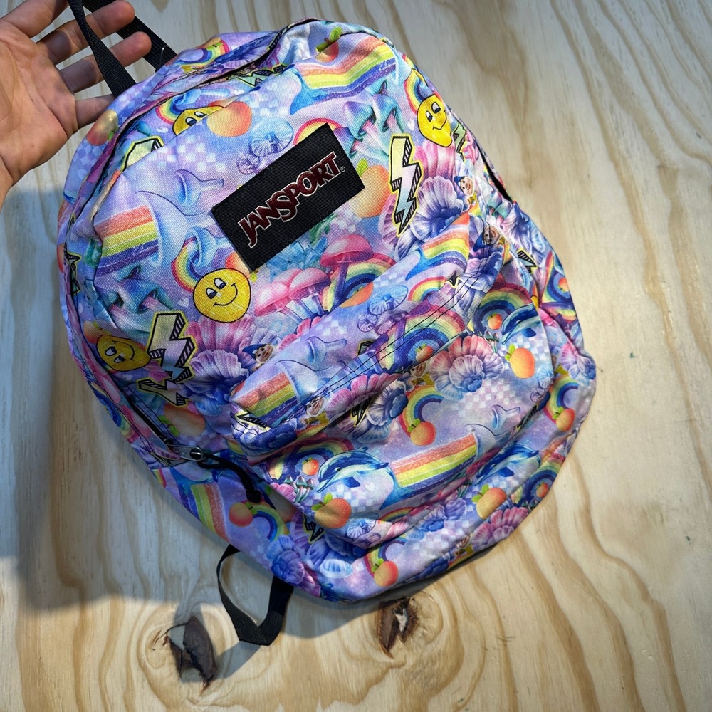 JanSport Backpack Multicolor Psychedelic Smiley Rainbow Graphic School Bag OS